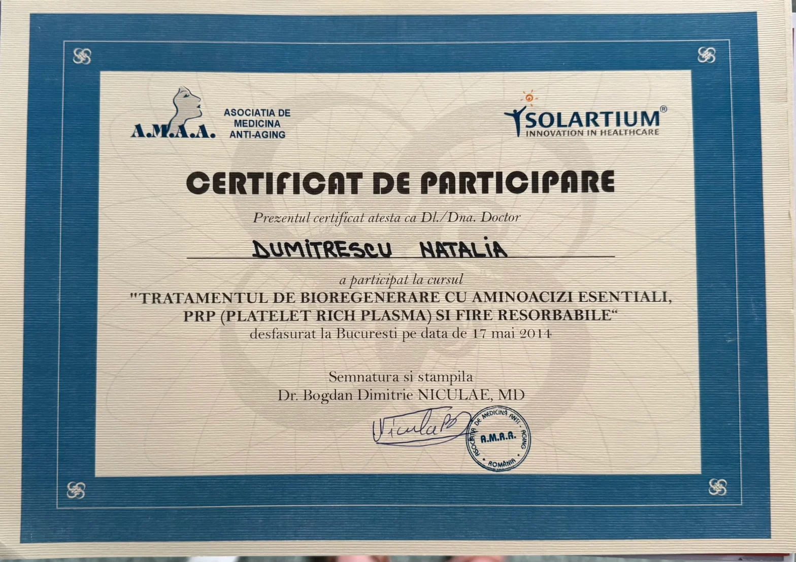 Experienta profesionala Doctor Dermatolog Natalia Dumitrescu